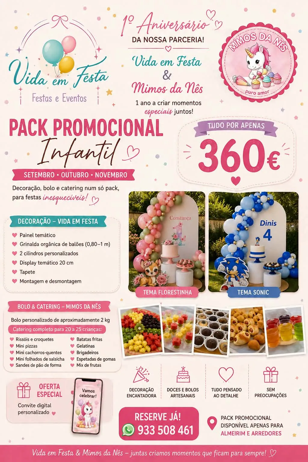 Pack Promocional Infantil por 360€ — decoração, bolo e catering. Válido em Setembro, Outubro e Novembro, para Almeirim e arredores.